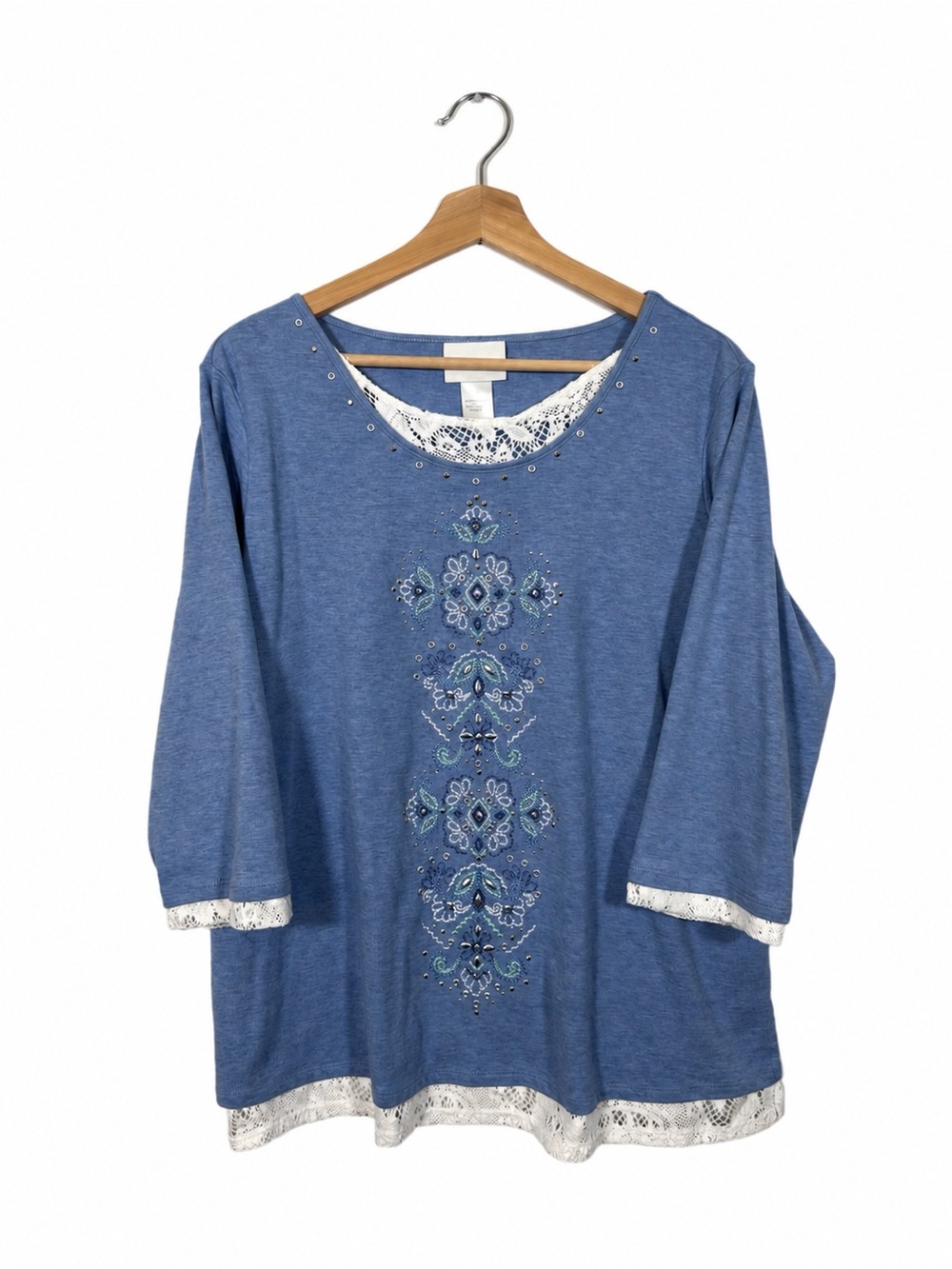 Alfred Dunner Women's Embroidered Top Lace T-Shirt Size L Blue Grandmacore Cozy